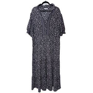 London Times Maxi Dress Woman Black Floral Size 18 SmockedTiered Short Sleeves